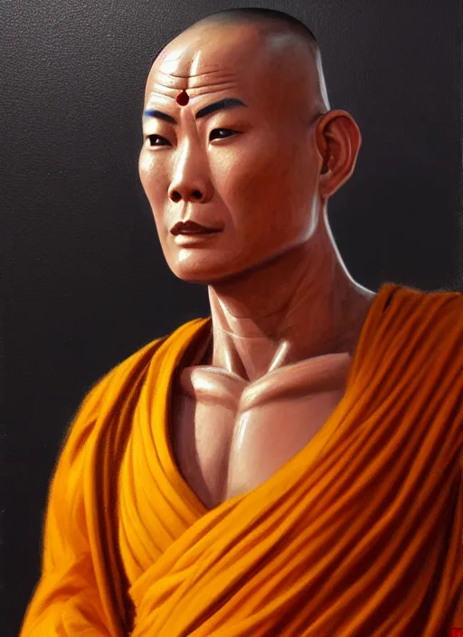 Image similar to smart tai buddhist monk, closeup portrait, without beard and mustache, historical hero, ethnic group, tai costume, tai traditional bronze headdress, intricate, with leather armor cross on bare chest, elegant, loin cloth, highly detailed, oil painting, artstation, concept art, matte, sharp focus, illustration, hearthstone, art by earl norem