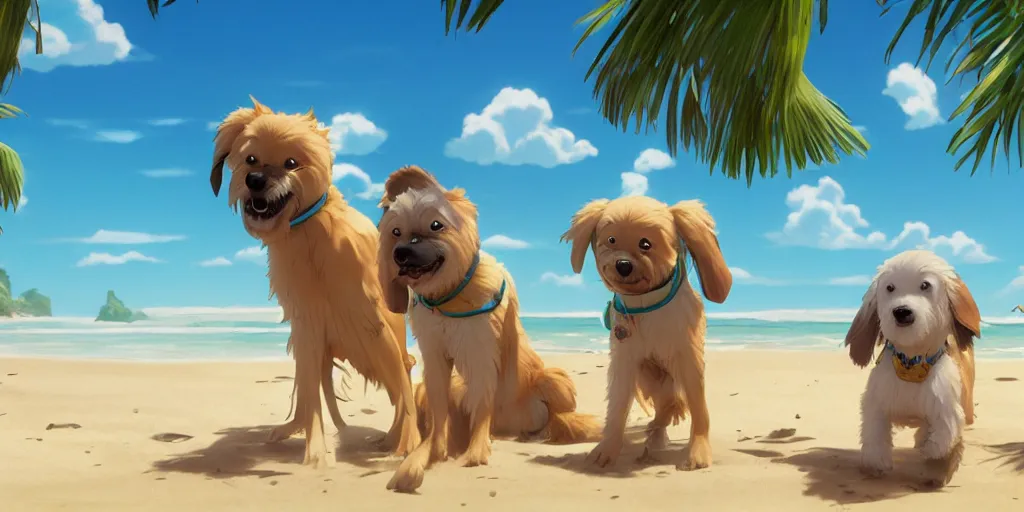 Image similar to a wholesome animation key shot of dogs at a tropical beach, medium shot, waist up, studio ghibli, pixar and disney animation, sharp, very detailed, high resolution, rendered in unreal engine 5, anime key art by greg rutkowski, bloom, dramatic lighting