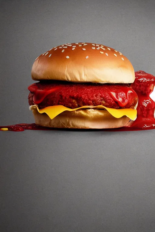 Image similar to mcdonalds hamburger covered in blood, commercial photography