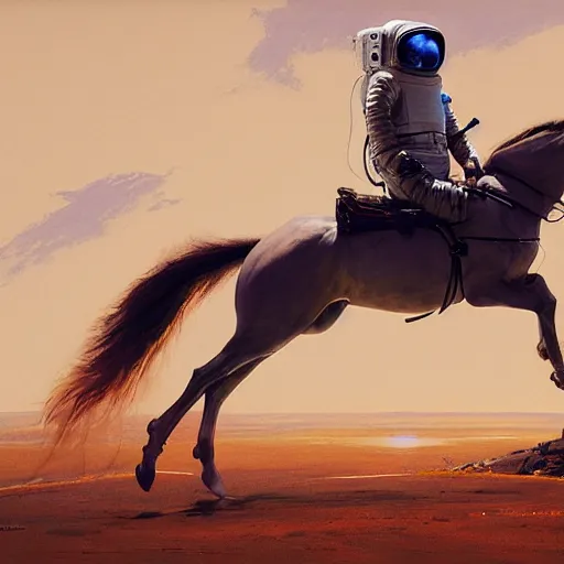 Image similar to a horse on top of a man, the astronaut is carried by the horse, hyperrealism, no blur, 4 k resolution, ultra detailed, style of ron cobb, adolf hiremy - hirschl, syd mead, ismail inceoglu, rene margitte