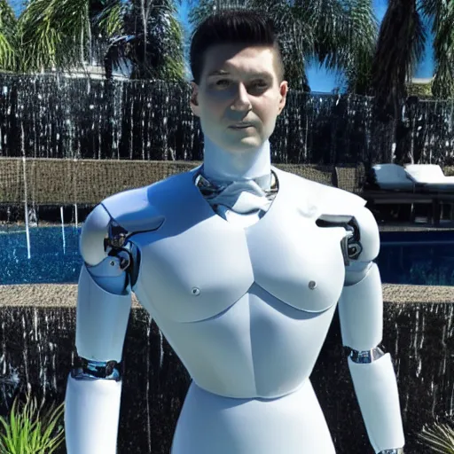 Image similar to made of ice, a realistic detailed photo of a guy who is an attractive humanoid who is half robot and half humanoid, who is a male android, on display, blank stare, showing off his muscles, shiny skin, posing like a statue, by the pool, frozen ice statue, twitch streamer / gamer ludwig, humanoid robot