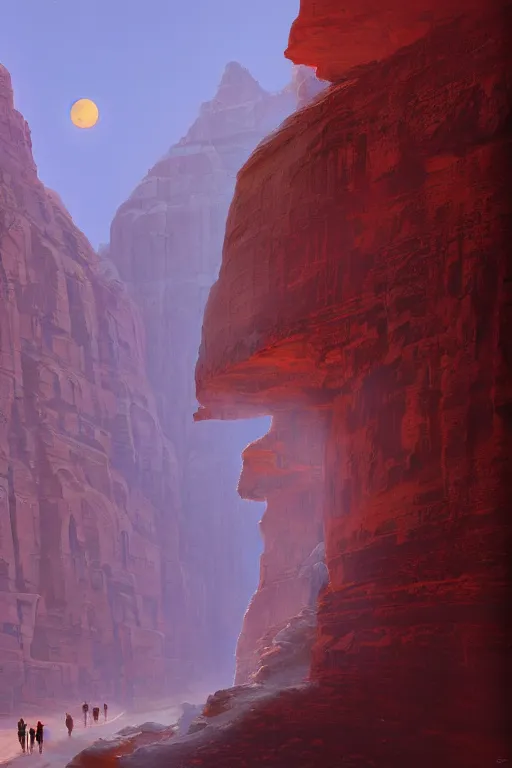 Image similar to monks walking through canyon to ancient yellow glowing temple, city of petra, light streaks in the sky, moon, dramatic lighting, artstation, matte painting, ralph mcquarrie, simon stalenhag