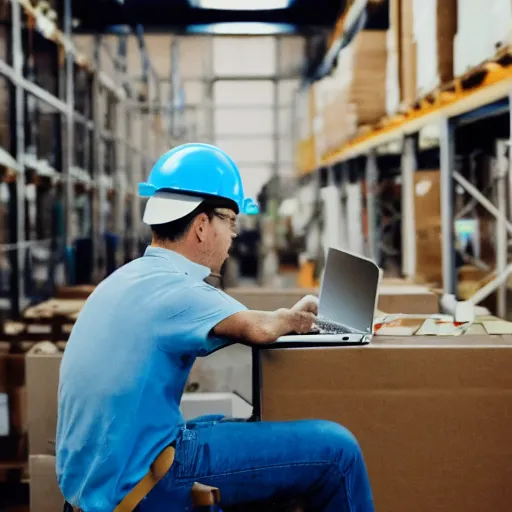 Image similar to a polaroid photo of man using a laptop inside in warehouse, he sitting on chair and small table, he's wearing blue cloth and construction hat behind him is a very scary monster, photo from behind, highly details, perfect face shape, cinematic lighting,