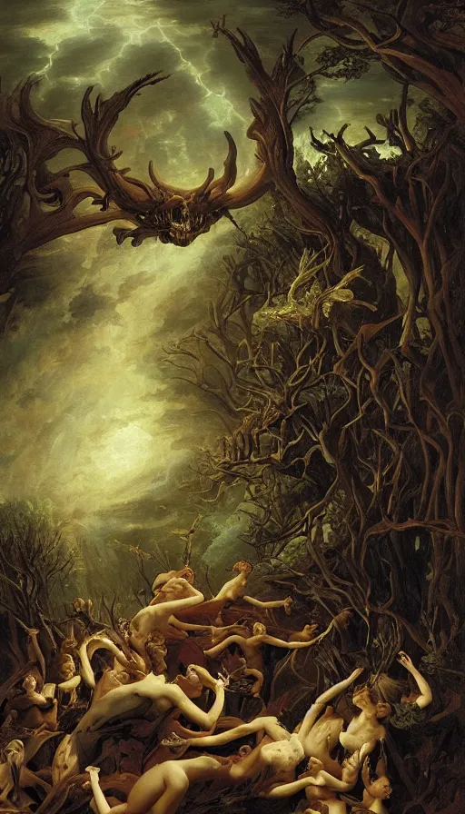 Prompt: a storm vortex made of many demonic eyes and teeth over a forest, by guillaume seignac