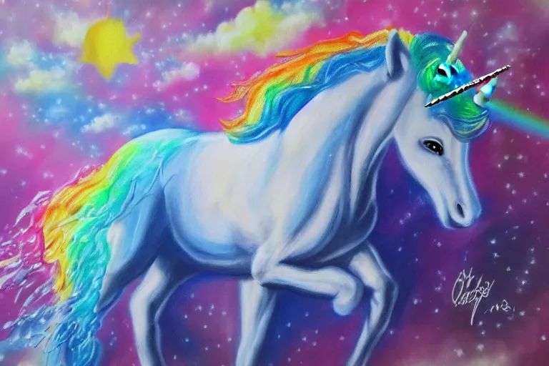 Image similar to badly done cheesy unicorn airbrush art