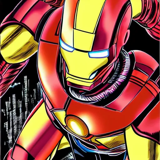 Prompt: robert downey jr iron man in the style of kohei horikoshi and akira toriyama, manga cover