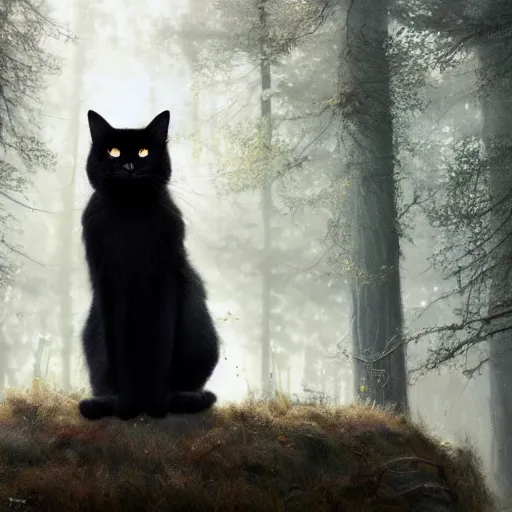 Prompt: a black cat seated and looking curiously, beautiful lighting, there is a forest in the background, texture, intricate, details, highly detailed animal, greg rutkowski style, masterpiece, trending on artstation, focus, sharp focus, digital painting, fantasy, sunny, day, golden hour