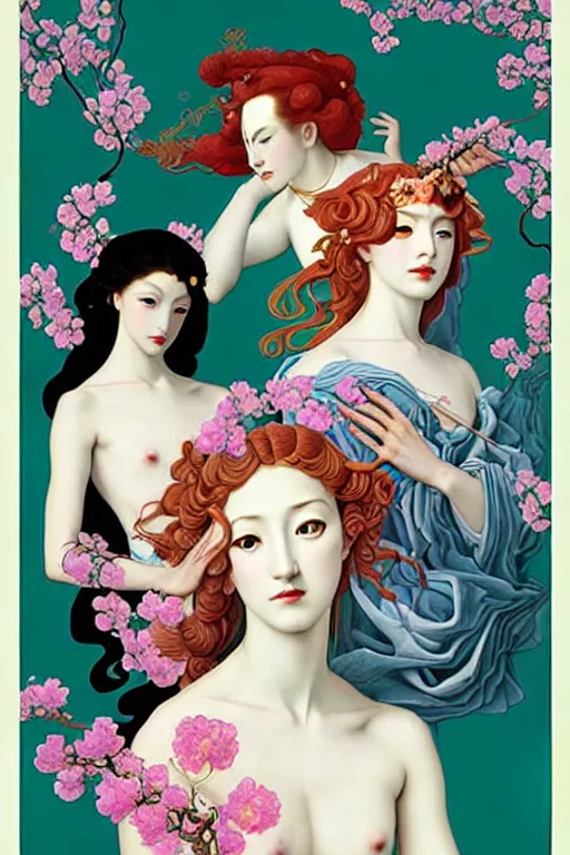 Image similar to 3 Spring Deities, (one representing each month of March, April, and May), in a style blending Æon Flux, Peter Chung, Shepard Fairey, Botticelli, Ivan Bolivian, and John Singer Sargent, inspired by pre-raphaelite paintings, shoujo manga, and cool Japanese street fashion, dramatically blossoming flora and fauna, pastel dynamic colors, hyper detailed, super fine inking lines, ethereal atmosphere, sfumato, 4K extremely photorealistic, Arnold render