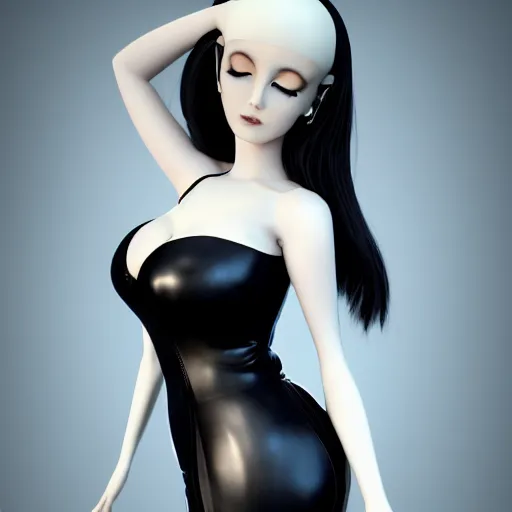 Image similar to a curvy feminine pale goth cutie in an elaborate black latex-leather-rubber tight tube dress, with a thin waist, tube-top, cgsociety, photorealistic, sublime-comfy-elegant ambience, 16k, smooth, sharp focus, trending on ArtStation, volumetric lighting, fully clothed, worksafe