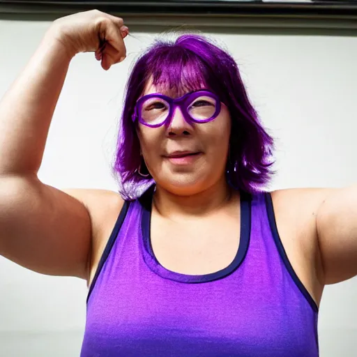 Prompt: a woman with 3 eyes and violet hair wearing a tank top.