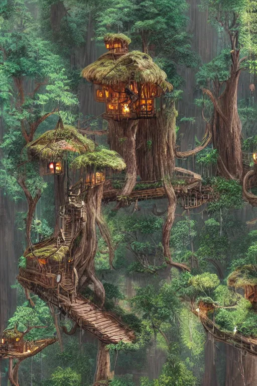 Image similar to various treehouses mounted on giant redwood tree trunks, interconnected by rope bridges, fantasy setting, dense vegetation, very detailed, d & d concept art, 4 k