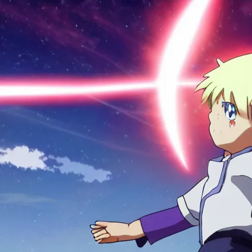 Prompt: a child launching a powerful beam attack, anime