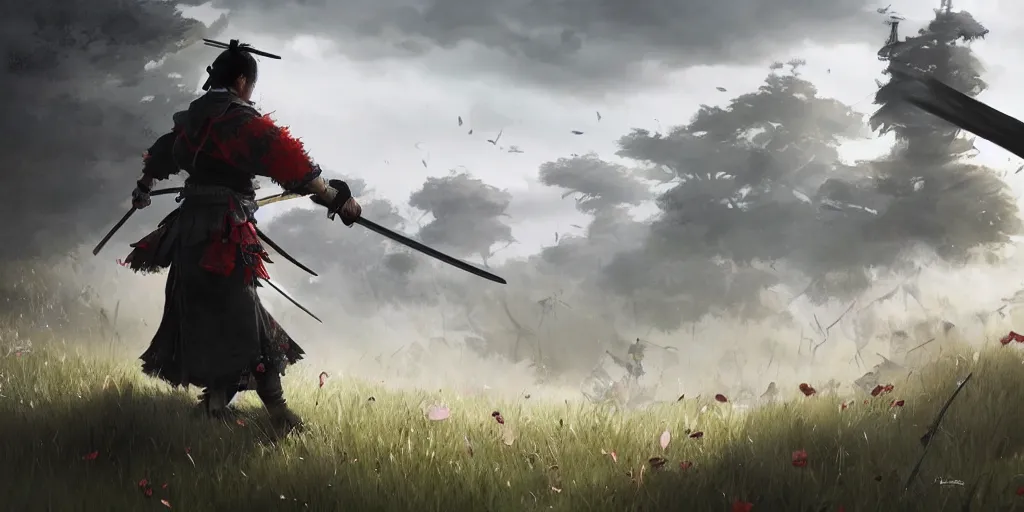 Image similar to an environmental concept art of ghost of tsushima, samurai duel, sakura petals blowing in the wind, highly detailed, directional light, cinematic by francis tneh