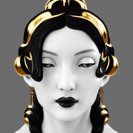 Image similar to smooth white marble statue face of gorgeous woman, black onyx details, black and gold wires, hyper realistic render, super detailed, photo quality, octane render, corona render