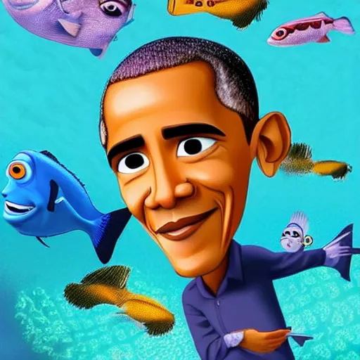 Image similar to obama as a fish, in the style of finding nemo, pixar animation, obama is a fish, pixar style