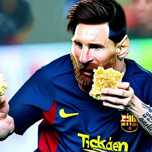 Image similar to lionel messi with a majestic beard eating a kfc zinger by affandi