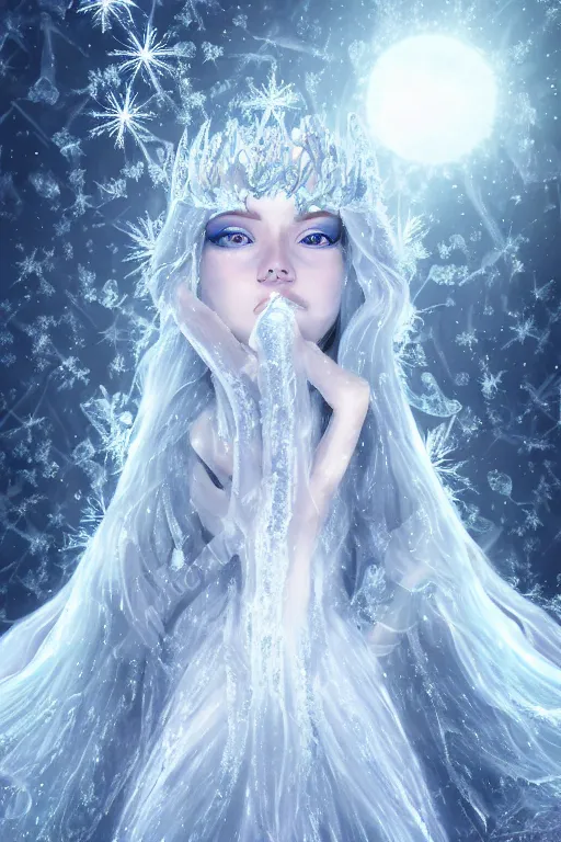 Image similar to realistic photograph of ice queen covered in ice crystals, highly detailed,