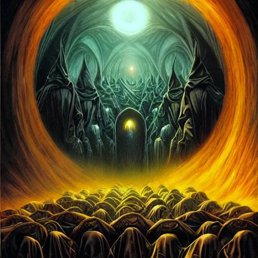 Image similar to a dark cabal of hooded elven mystics in long dark robes gathered in a circular formation around a highly advanced machine containing spirits of the dead, dan seagrave art, michael whelan