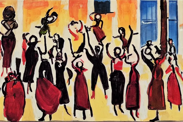 Prompt: woman movement, lisbon city at night, art in the style of paula rego