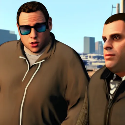 Image similar to jonah hill as a gta v character talking to trevor