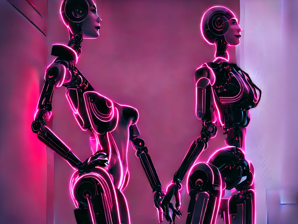 Prompt: beautiful tall female robot printed with red and black 3 d geometrical neon guarding a wall of computers!!!!!!!!!! + flowering vaporwave orchids!!!, clean linework, dramatic, uncanny valley, insanely detailed, 4 k, trending on artstation, photorealistic, award winning, rule of thirds, volumetric lighting, octane render