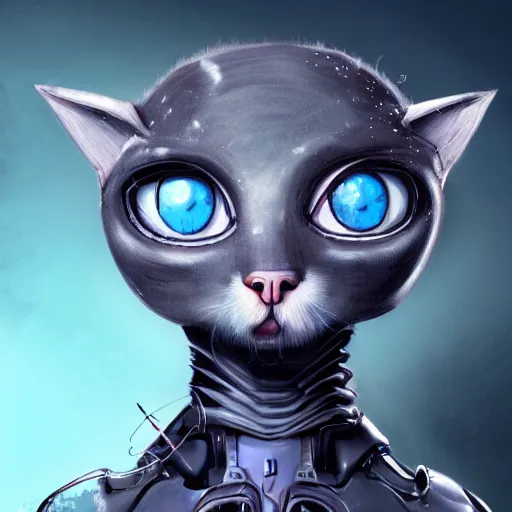 Image similar to cute furry anthropormorphic alien cat cyborg creature with big eyes, character concept detailed painting 4 k