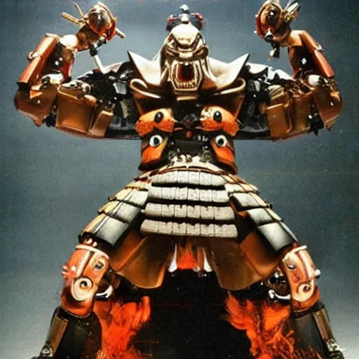 Image similar to very big very buff very strong very huge samurai wearing a futuristic cybernetic scifi oni mask, movie still