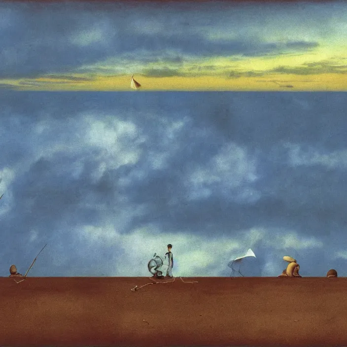 Image similar to the first blue color getting out of the primordial ocean to walk on land. sunset through the clouds. codex seraphinianus. painting by yves tanguy, caspar david friedrich, moebius, walton ford, rene magritte