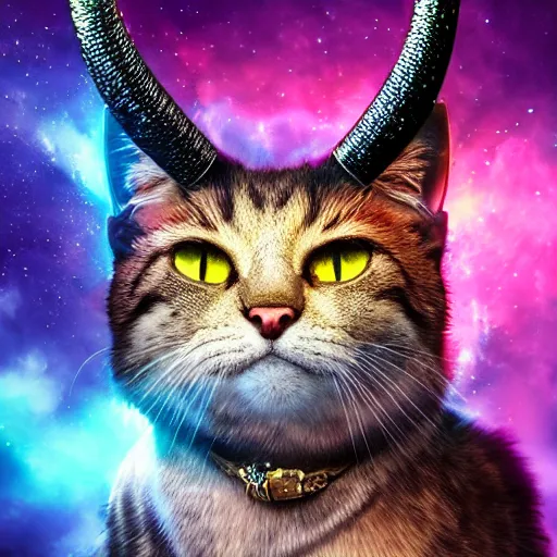 Image similar to galaxy cat with horns , trending on artstation, digital art, 4k, hyper realism, high detail, cinematic, cinematic lighting, high detail, realistic, fantasy