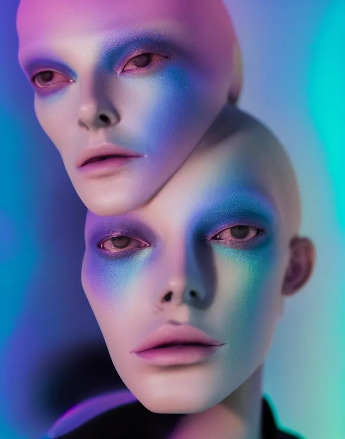 Prompt: high quality pastel coloured film close up photograph of an androgynous cyber model in an icelandic black rock!! environment in a dreamstate style. three point light. photographic. art directed. pastel colours. volumetric light. pastel gradient overlay. waves glitch. 8 k. filmic.