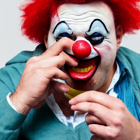 Image similar to clown crying while browsing twitter on his phone