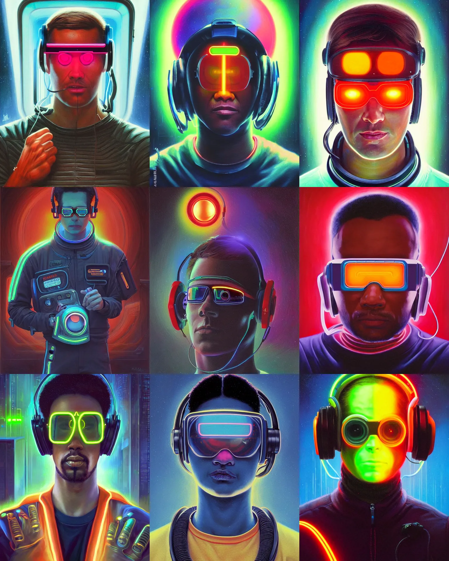 Prompt: neon cyberpunk programmer with glowing geordi cyclops visor over eyes and sleek headphones headshot desaturated portrait painting by donato giancola, dean cornwall, rhads, tom whalen, alex grey astronaut fashion photography