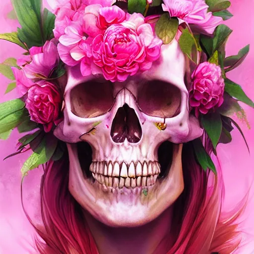 Image similar to Pink Death, skull, flowers, colorful, by Stanley Artgerm Lau, WLOP, Rossdraws, James Jean, Andrei Riabovitchev, Marc Simonetti, Yoshitaka Amano, ArtStation, CGSociety,