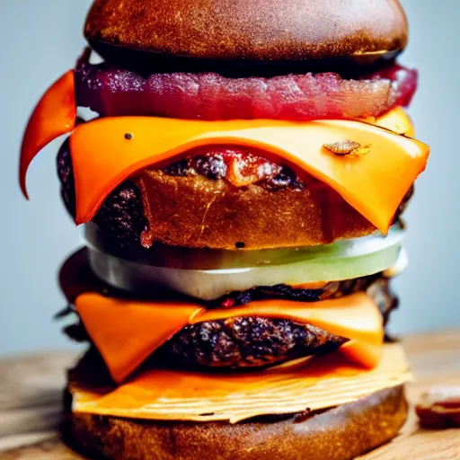 Image similar to bacon cheese burger, very tall, stacked, award winning food photography, golden hour, holy