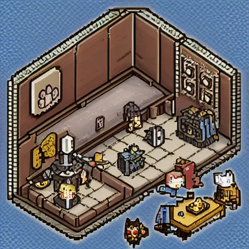 Prompt: isometric view of a pixel art style steampunk alchemist room featuring a cute and charming anime style chibi grey witch with a black cat and a monster with big eyeballs.