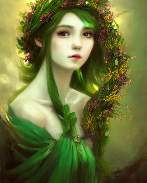 Image similar to the goddess of spring, with a wreath on her head and a green gauze skirt, dreamy, beautiful, by wlop