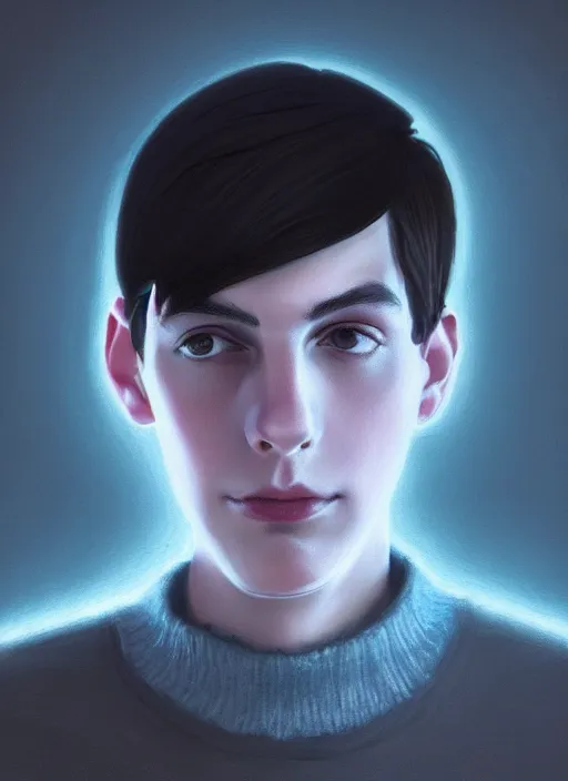 Image similar to portrait of teenage jughead jones wearing a light grey crown, crown, blue turtleneck, closed eyes, photorealistic, black hair, glowing lighting, intricate, elegant, glowing lights, highly detailed, digital painting, artstation, concept art, smooth, sharp focus, illustration, art by wlop, mars ravelo and greg rutkowski