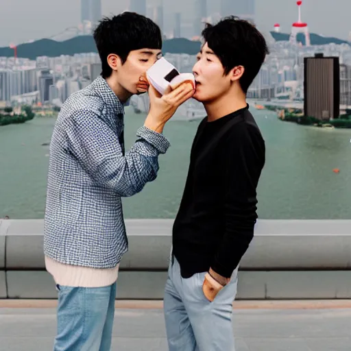 Image similar to two gay korean boys holding ice coffee while kissing outside looking over the city of seoul