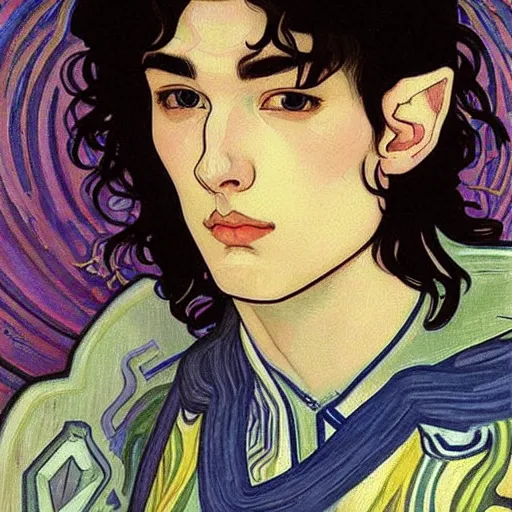 Prompt: painting of young handsome beautiful paladin elf!! man with long! wavy dark hair in his 2 0 s named taehyung minjun at the blueberry party, wearing armor!, elegant, clear, painting, stylized, delicate, soft facial features, art, art by alphonse mucha, vincent van gogh, egon schiele,