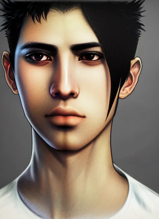 Prompt: realistic detailed final fantasy inspired portrait of a young arabic man turned three - quarters, short shaved hair, dressed with a simple white t - shirt, white background white bank studio light, art by yoshitaka amano, alphonse mucha, ayami kojima, greg hildebrandt, and mark brooks, high qualit 8 k