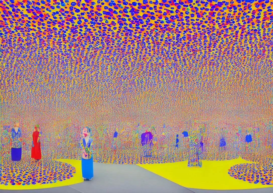 Prompt: Yayoi Kusama. Room with mirrors and colorful dots, a japanese woman with a blue dress standing inside. Ultra detailed. Hyperrealistic