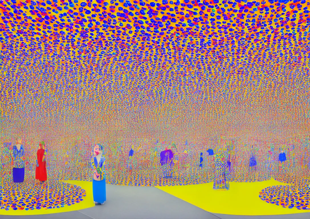 Image similar to Yayoi Kusama. Room with mirrors and colorful dots, a japanese woman with a blue dress standing inside. Ultra detailed. Hyperrealistic