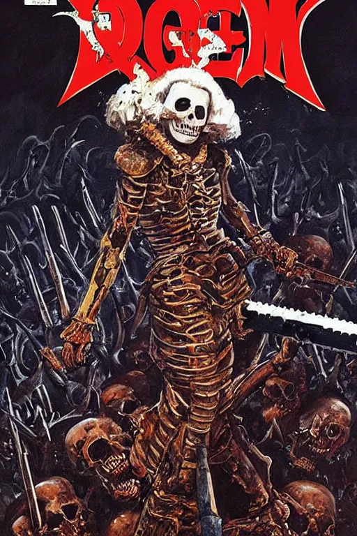 Image similar to Queen Elizabeth 2 with a chainsaw in her hands fights with an army of skeletons in hell, in the style of the cover of the 2 part of doom,