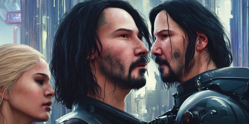 Image similar to a cyberpunk 2077 srcreenshot couple portrait of Keanu Reeves and a female android in final kiss,love,film lighting,by Lawrence Alma-Tadema,Andrei Riabovitchev,Laurie Greasley,Dan Mumford,John Wick,Speed,Replicas,artstation,deviantart,FAN ART,full of color,Digital painting,face enhance,highly detailed,8K,octane,golden ratio,cinematic lighting