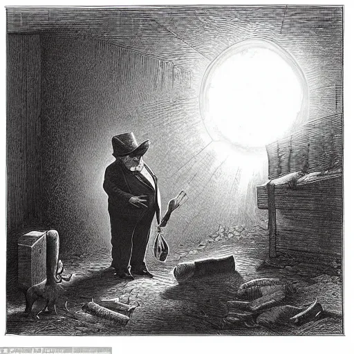 Image similar to pig in a tuxedo walk out of a barn, dramatic lighting, creepy, farm background chiaroscuro, high detail, illustration by gustave dore