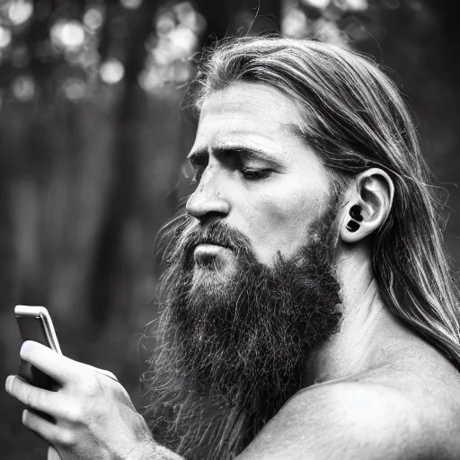 Image similar to photography portrait of a germanic pagan man holding a cell phone, early middle ages, leica 1 0 0 mm f 0. 8