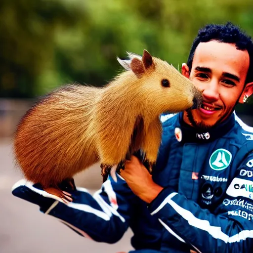 Image similar to an award winning photo of lewis hamilton holding a capybara, 4 k