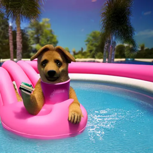 Prompt: An anthropomorphic GSD puppy with hands enjoying a cosmopolitan cocktail in a swimming pool while floating on an flamingo inflatable, artstation, ue5, volumetric lighting, ultra-detailed