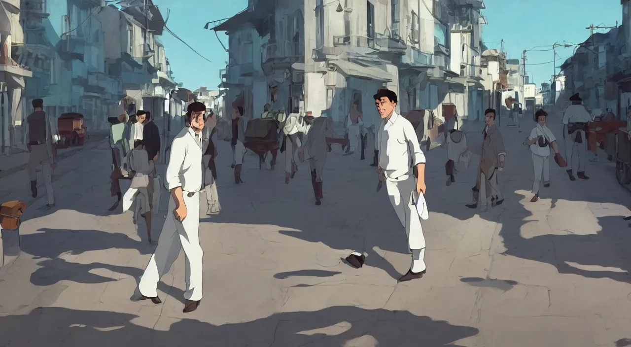 Image similar to ernest shackleton in a crisp white linen shirt and slacks, leather boots, walking in a cuban street, 1 9 0 0, genndy tartakovsky, atey ghailan, goro fujita, studio ghibli, rim light, mid morning lighting, clear focus, very coherent