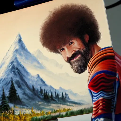 Image similar to a closeup photorealistic photograph of bob ross working on a canvas painting of captain america. happy trees, mountain scape. film still. brightly lit scene. this 4 k hd image is trending on artstation, featured on behance, well - rendered, extra crisp, features intricate detail, epic composition and the style of unreal engine.